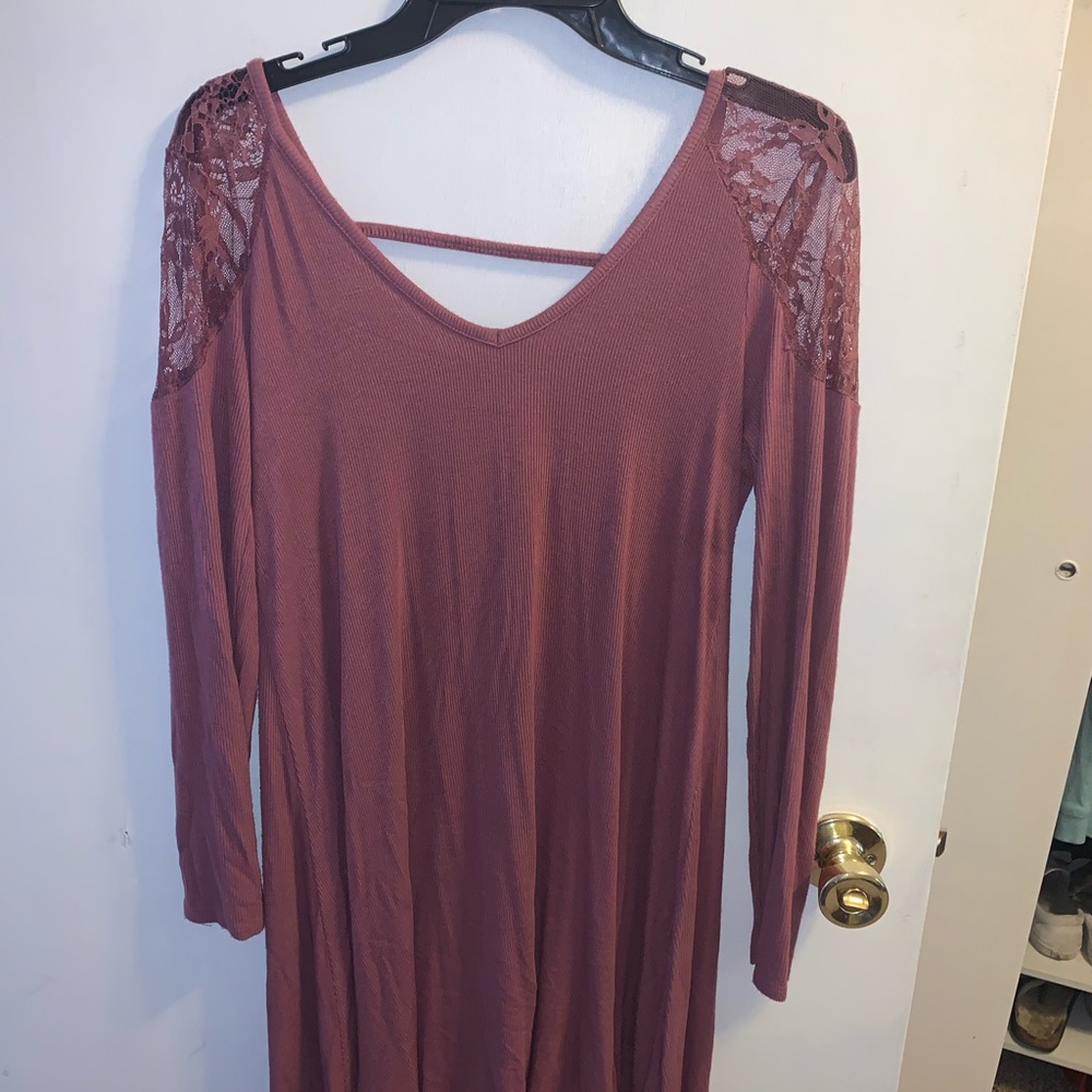 Dark Pink Long Sleeve Dress with lace shoulders
